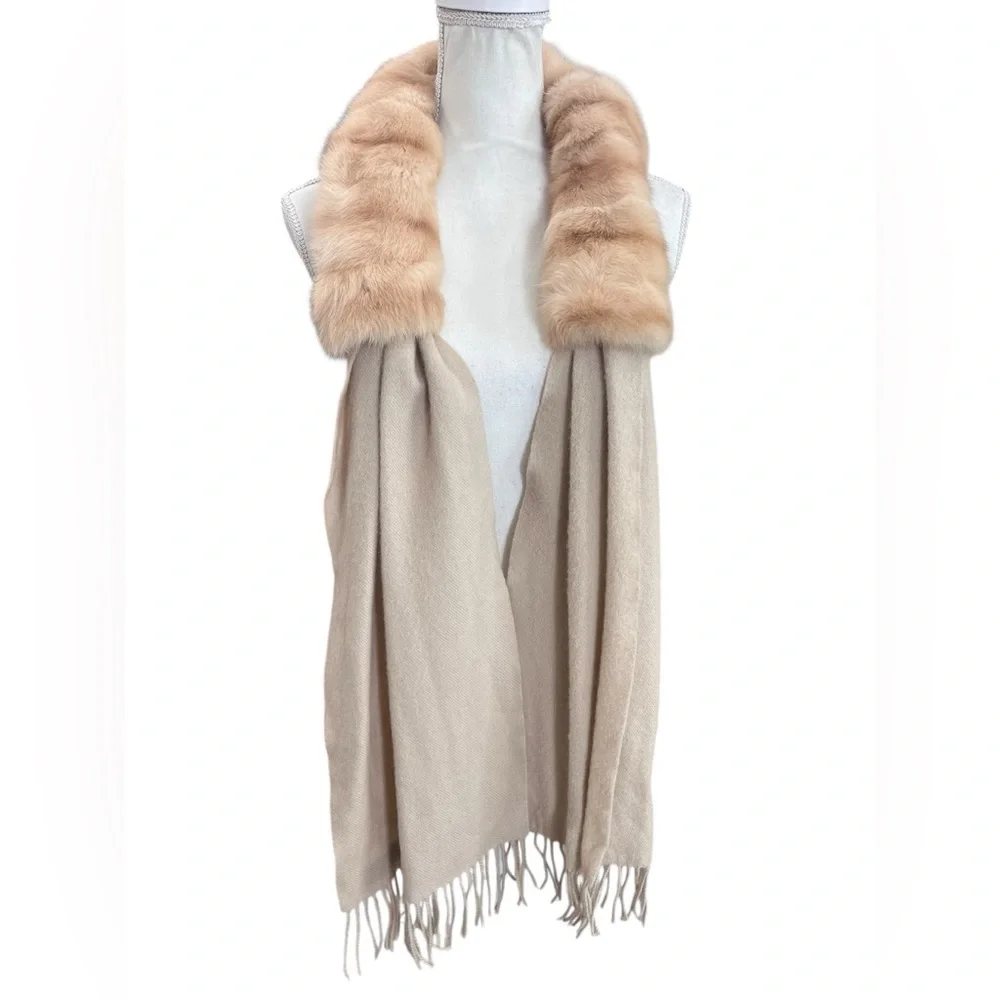 Vintage German Pure Wool Scarf Shawl Genuine Fur Collar Fringe Wrap